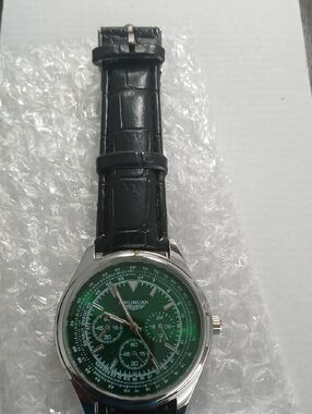 Men's Black Leather Strap Watch with Green Dial